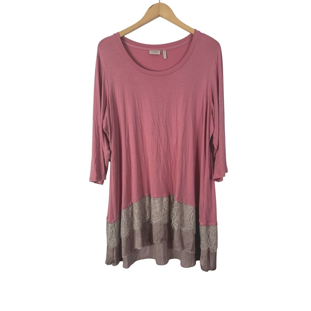 LOGO Lori Goldstein Tunic Womens 2XP Pink Satin Lace Hem Tunic 3/4 Sleeve Rayon